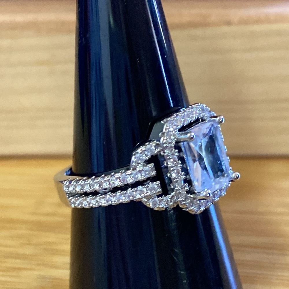 Sterling Emerald cut lab made diamond ring